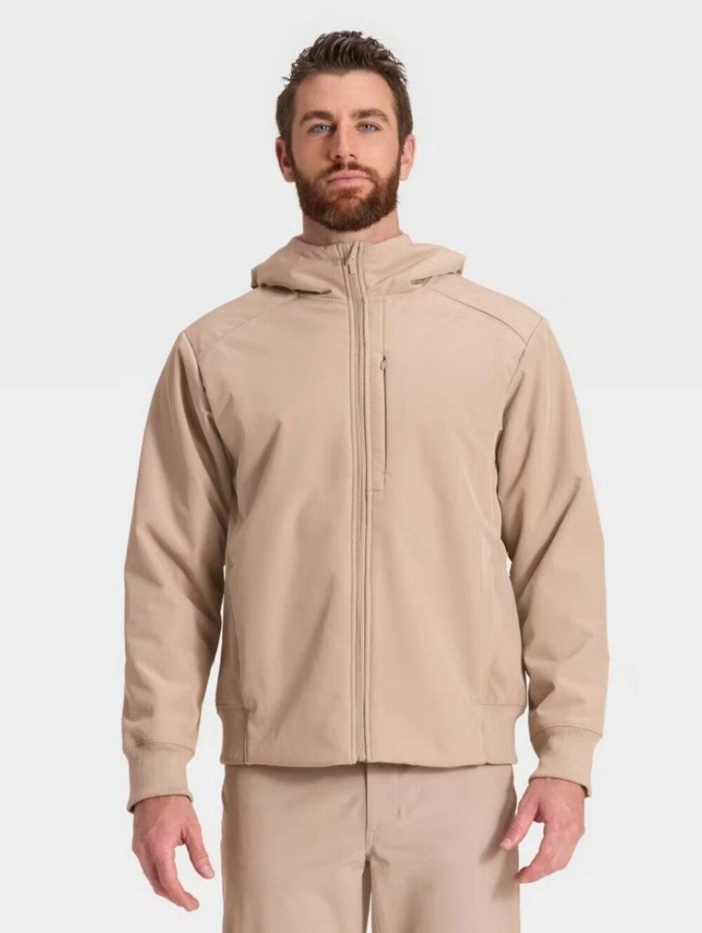 NWT All In Motion Men's Softshell Fleece Jacket Tan Large Hooded Full Zip